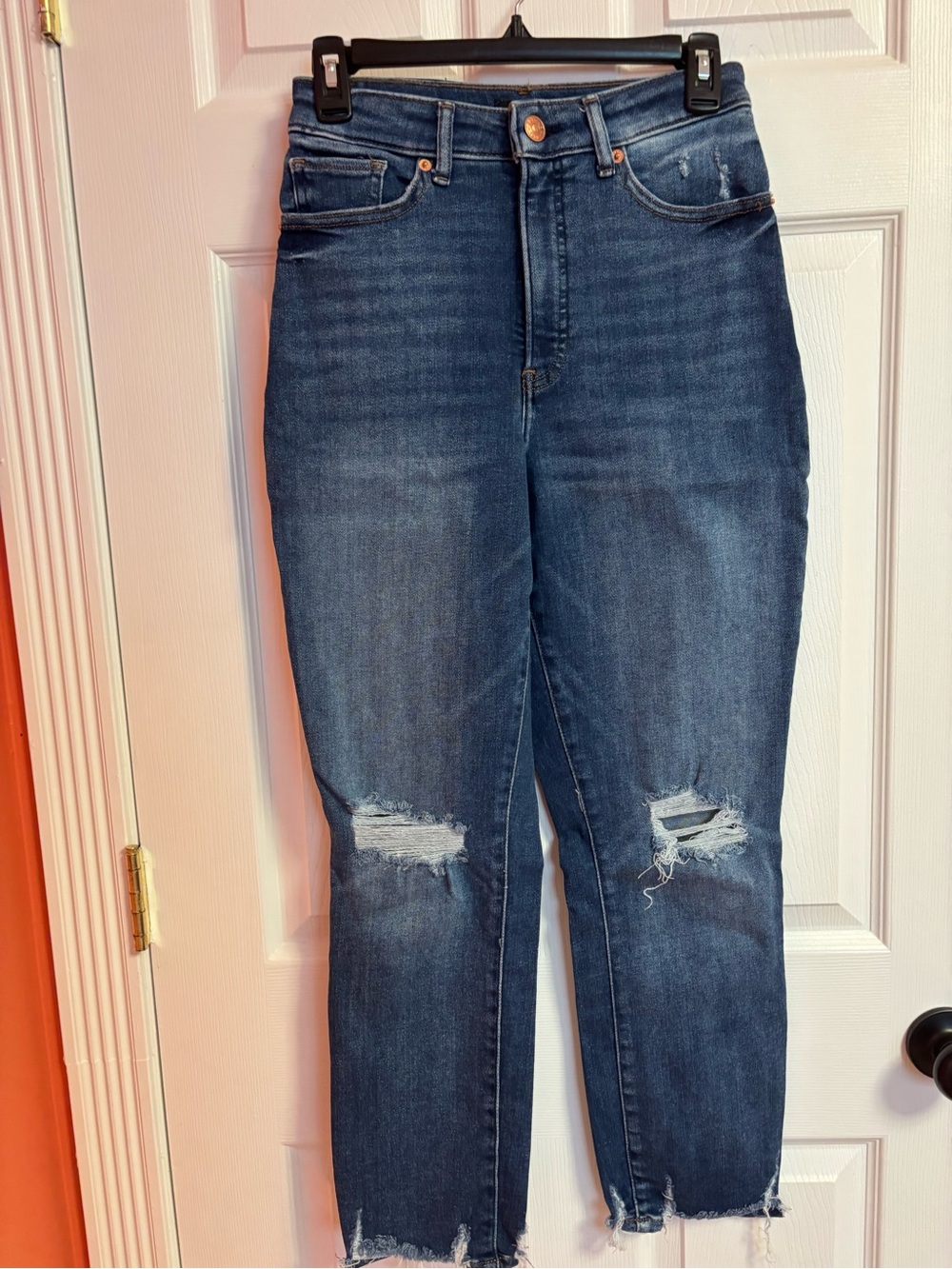 Express Dark Blue High-Rise Cropped Distressed Jeans